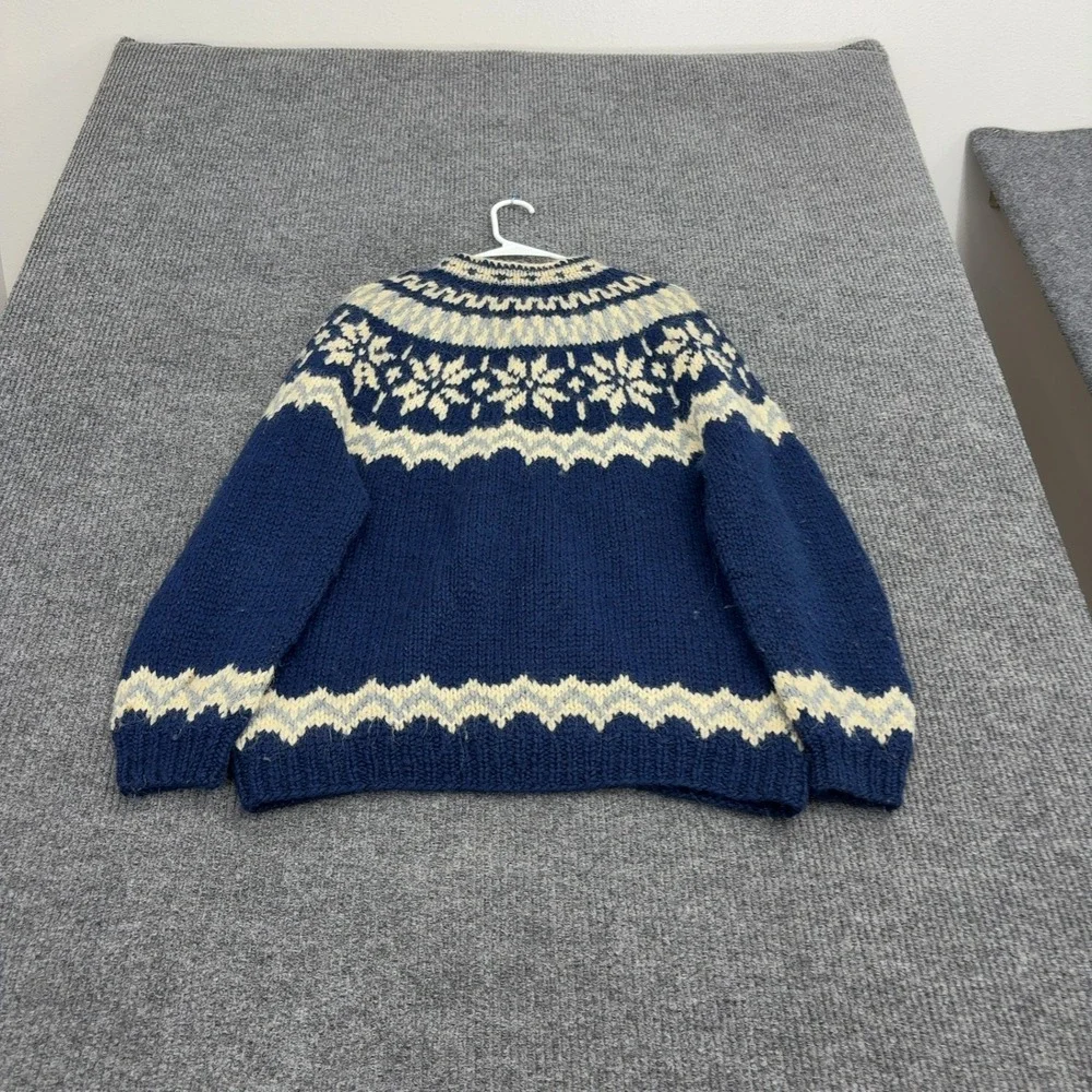 Vintage Cardigan Womens L Blue Wool Nordic Fair Isle Snowflake Chunky Boho Style